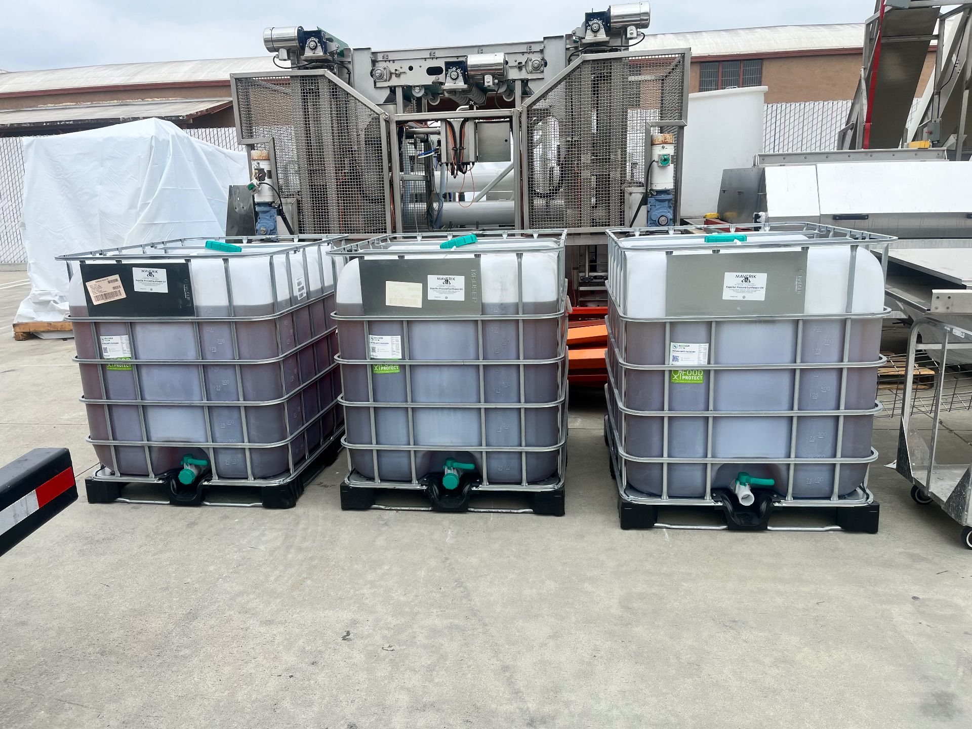 IBC totes of expired and off-spec food-grade cooking oil staged for bulk removal and recycling