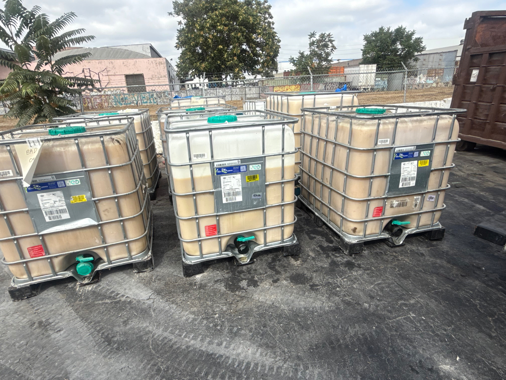 Bulk totes of expired cooking oil prepared for removal Bulk IBC totes of expired cooking oil staged in a yard for off-spec oil removal and recycling